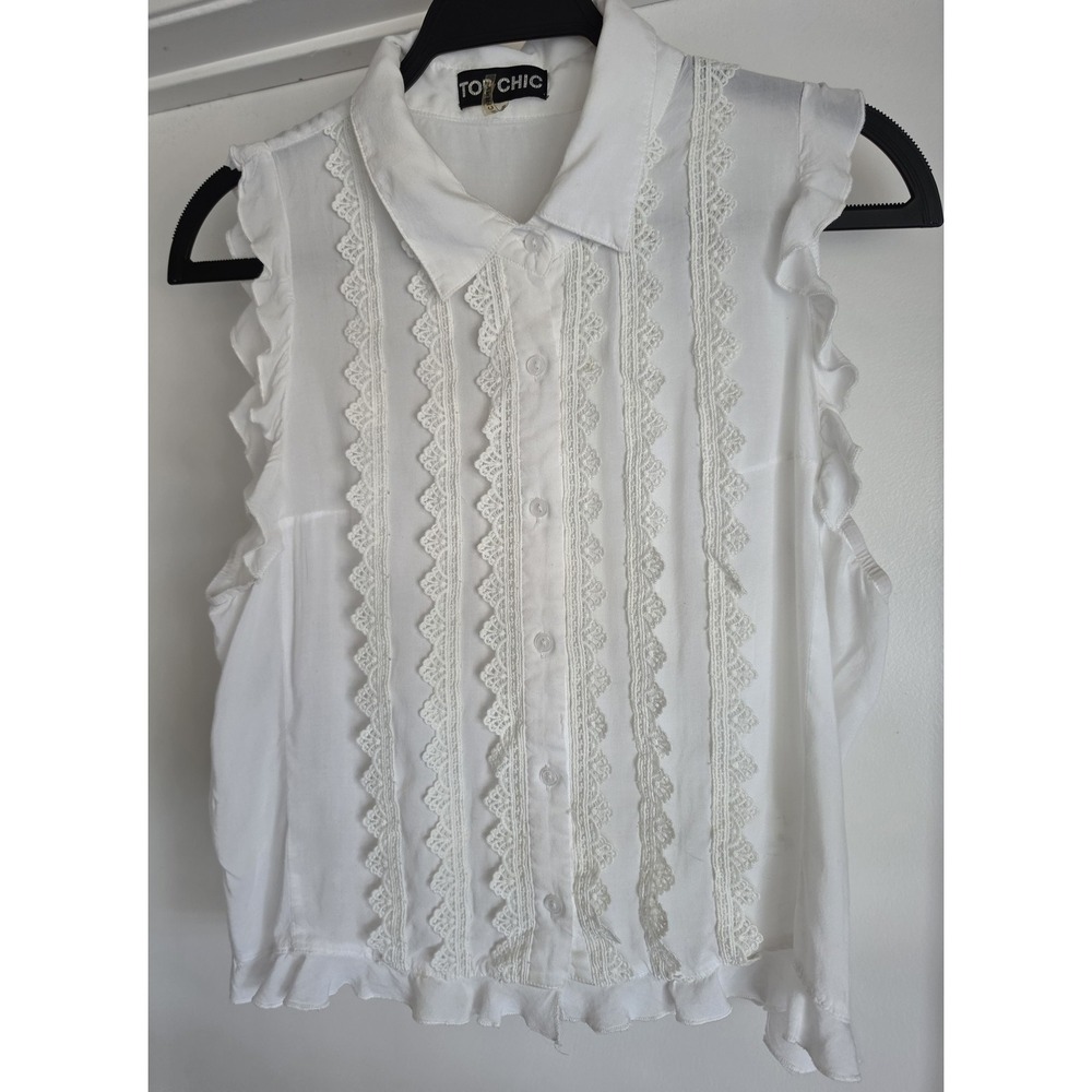 Top Chic Women Sleeveless Blouse Size L White Solid Boho Tank Shirt